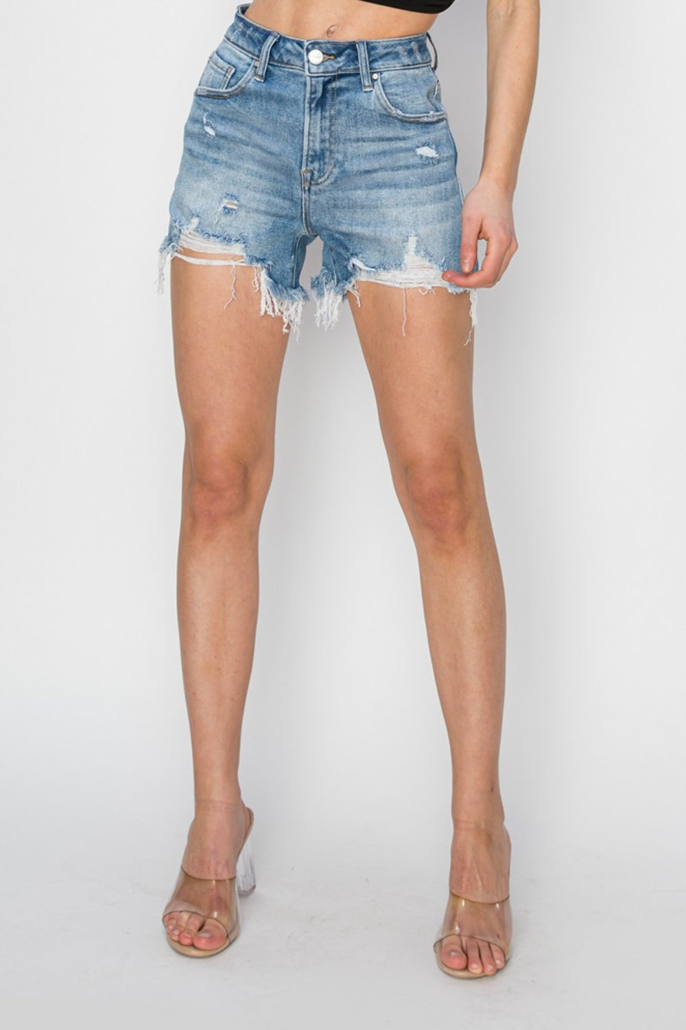 RISEN High Rise Frayed Hem Denim Shorts Sunset and Swim   