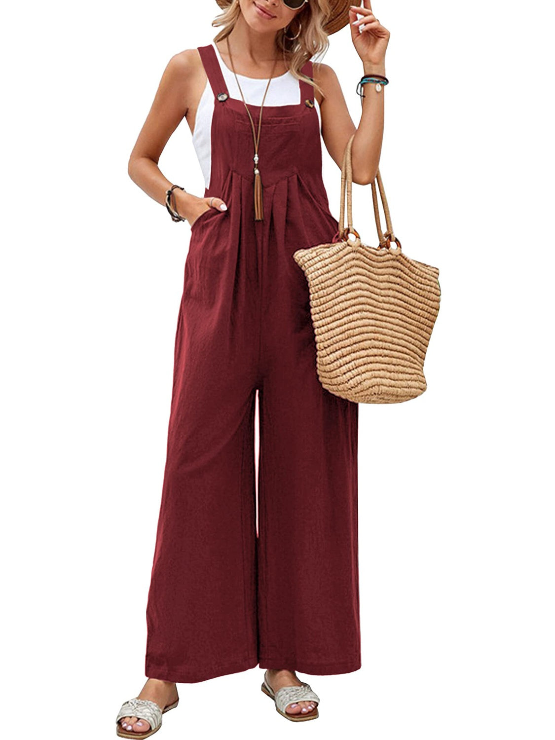 Full Size Square Neck Wide Strap Overalls Sunset and Swim   