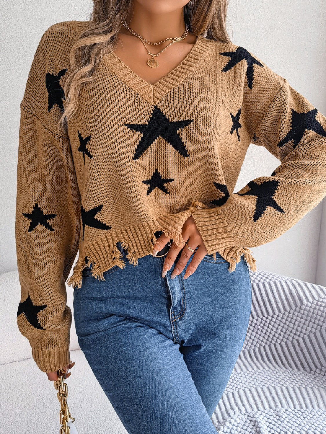 Star Pattern Distressed V-Neck Cropped Sweater Sunset and Swim   