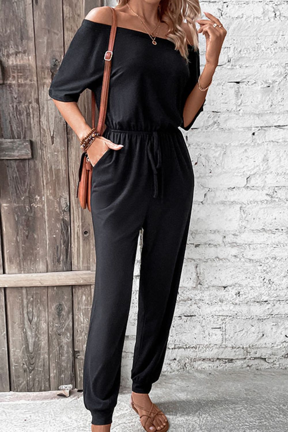 Off-Shoulder Jumpsuit with Pockets Sunset and Swim   