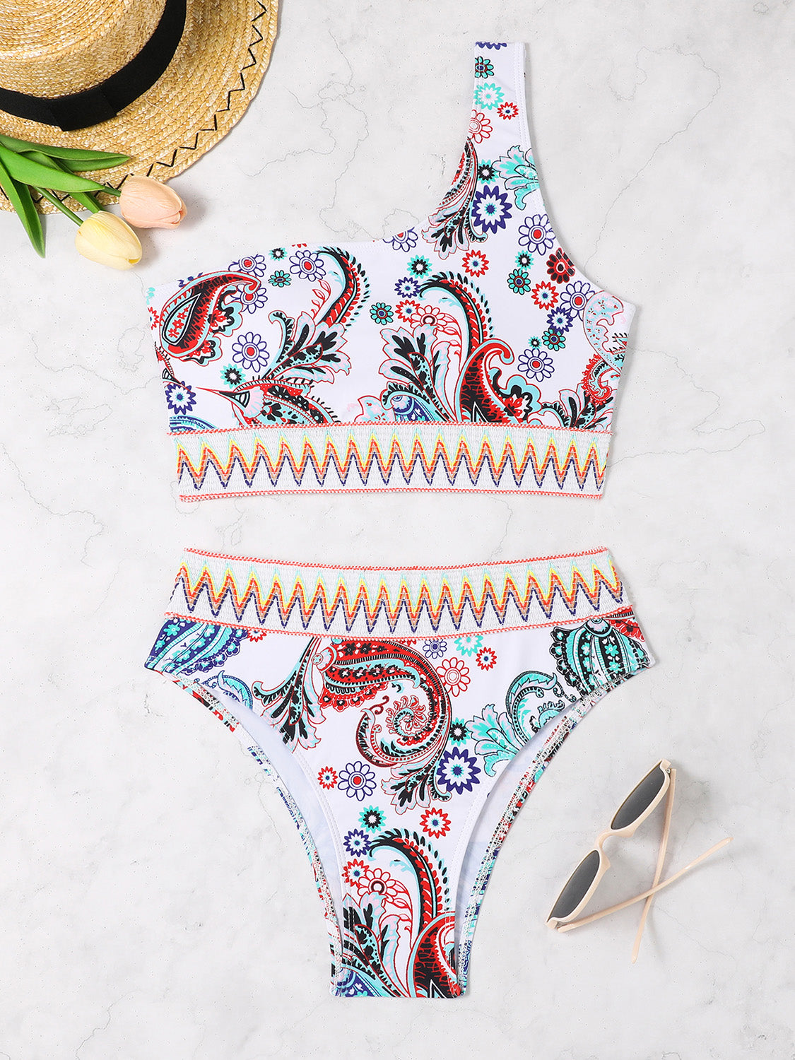 Sunset Vacation  Printed One Shoulder Two-Piece Swim Set Sunset and Swim   