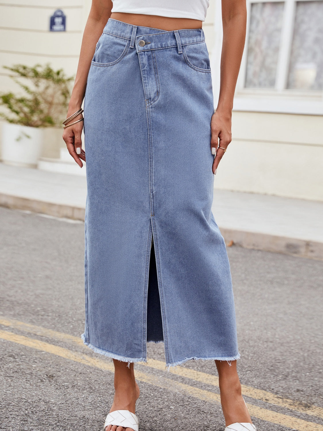 Sunset and Swim  Slit Asymmetrical Waist Denim Skirt Sunset and Swim Light S 