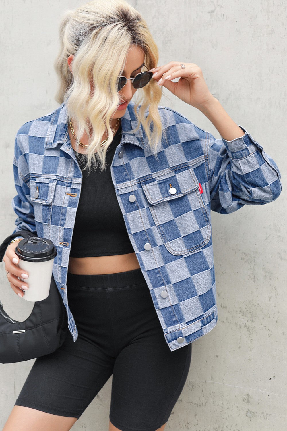 Checkered Button Up Long Sleeve Denim Jacket Sunset and Swim   