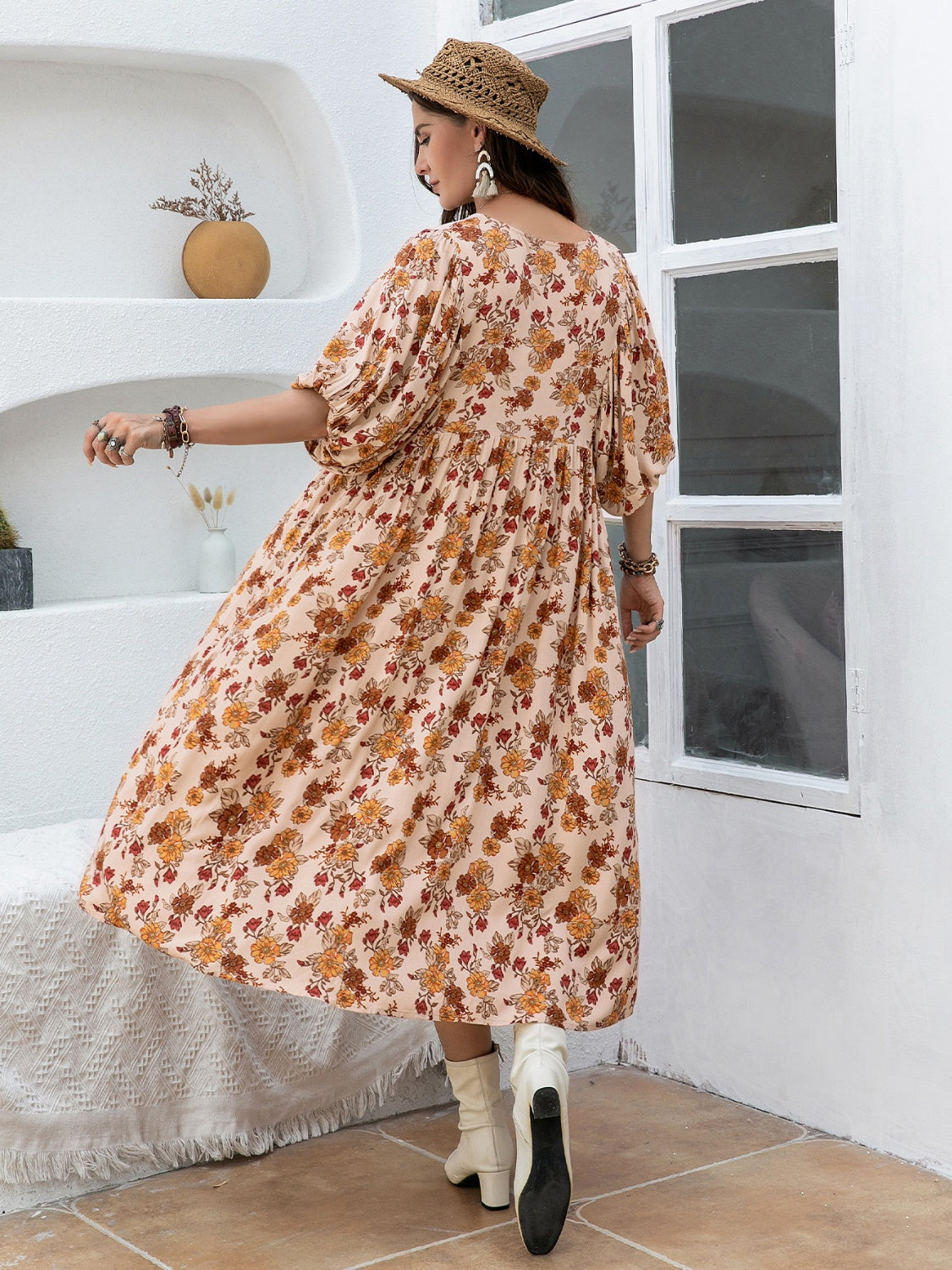 Plus Size Printed Tie Neck Half Sleeve Midi Dress Sunset and Swim   