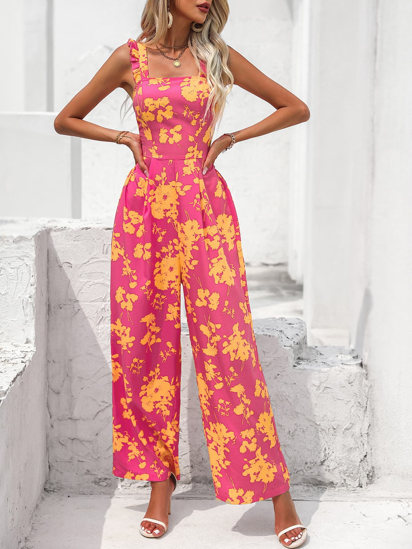 Floral Square Neck Cutout Tie Back Jumpsuit Sunset and Swim   