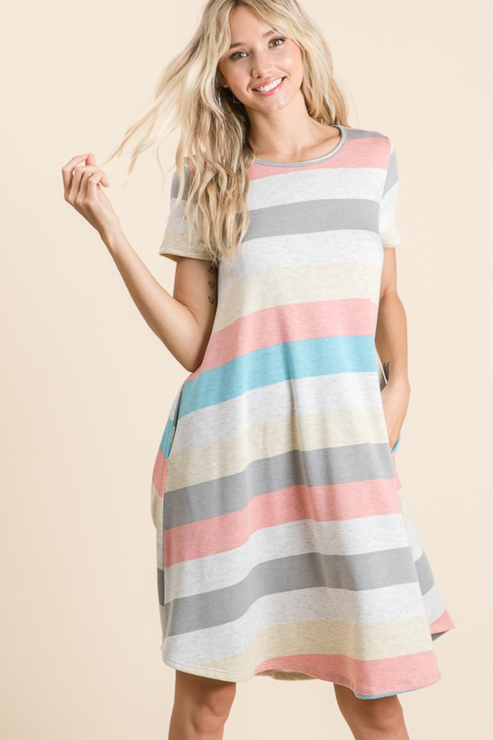 Sunset and Swim  Striped Short Sleeve Dress with Pockets Sunset and Swim   