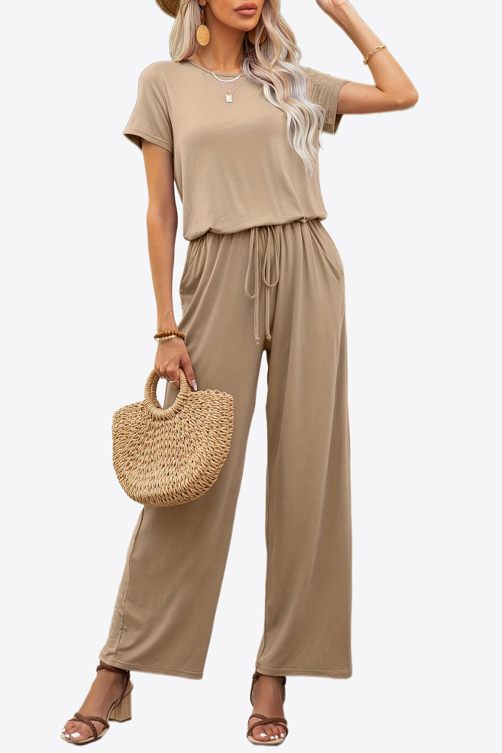 Round Neck Short Sleeve Jumpsuit with Pockets Sunset and Swim   