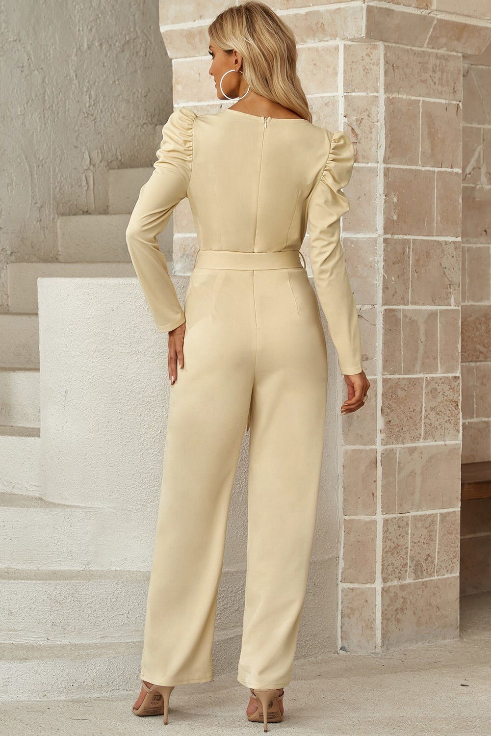 Sunset and Swim Belted Long Puff Sleeve V-Neck Jumpsuit Sunset and Swim   