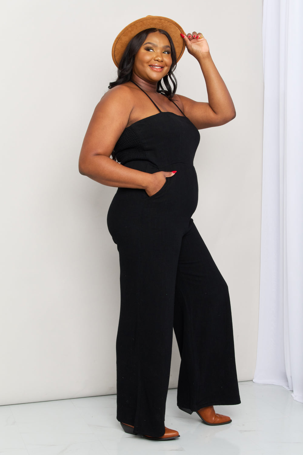 Sunset and Swim Plus Size Halter Neck Wide Leg Jumpsuit with Pockets Sunset and Swim   