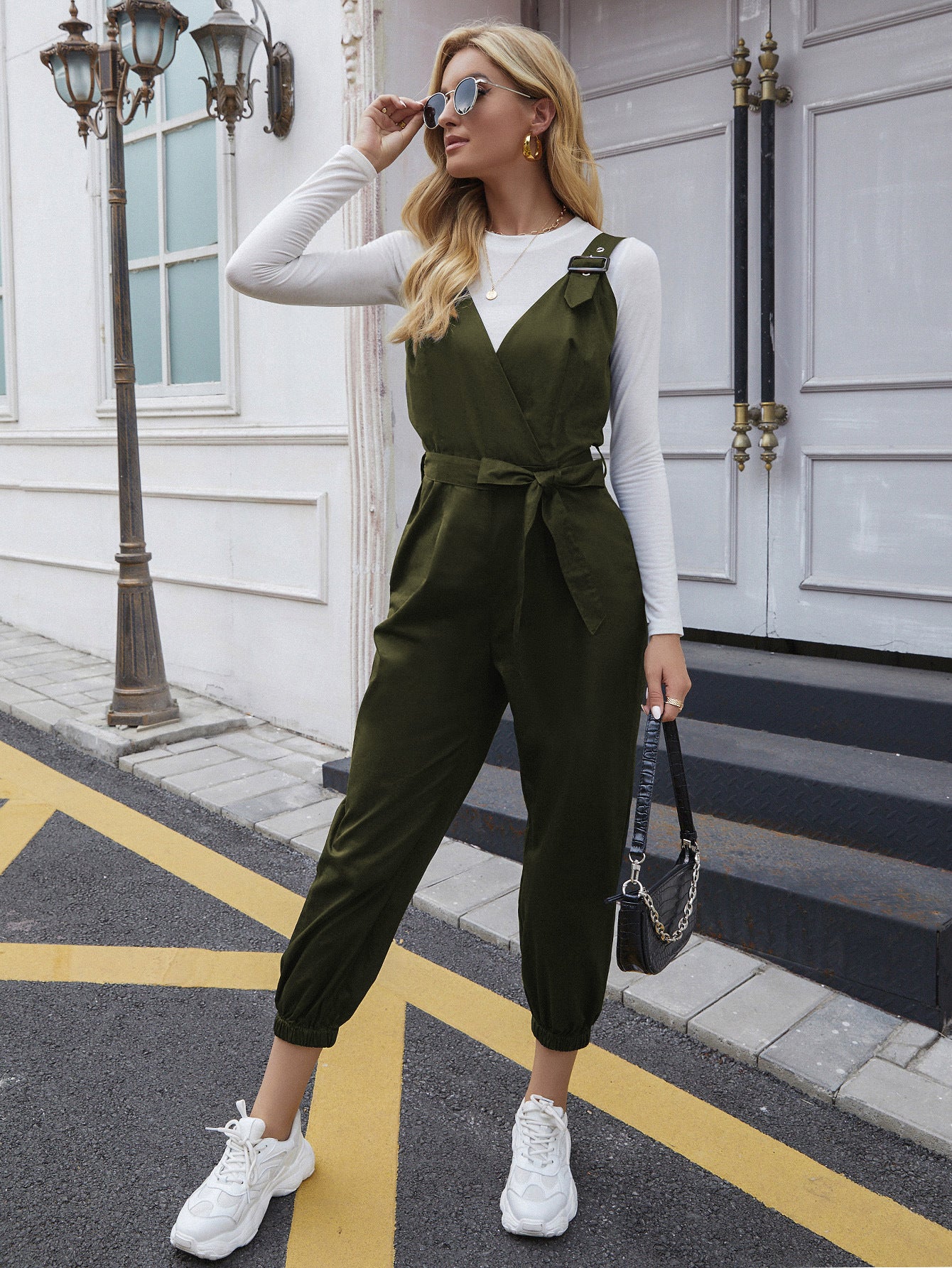 Tie Waist Surplice Neck Overall Jumpsuit Sunset and Swim Army Green S 