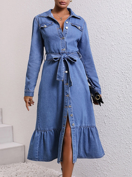 Collared Neck Button Down Denim Dress  Sunset and Swim Dusty  Blue XS 