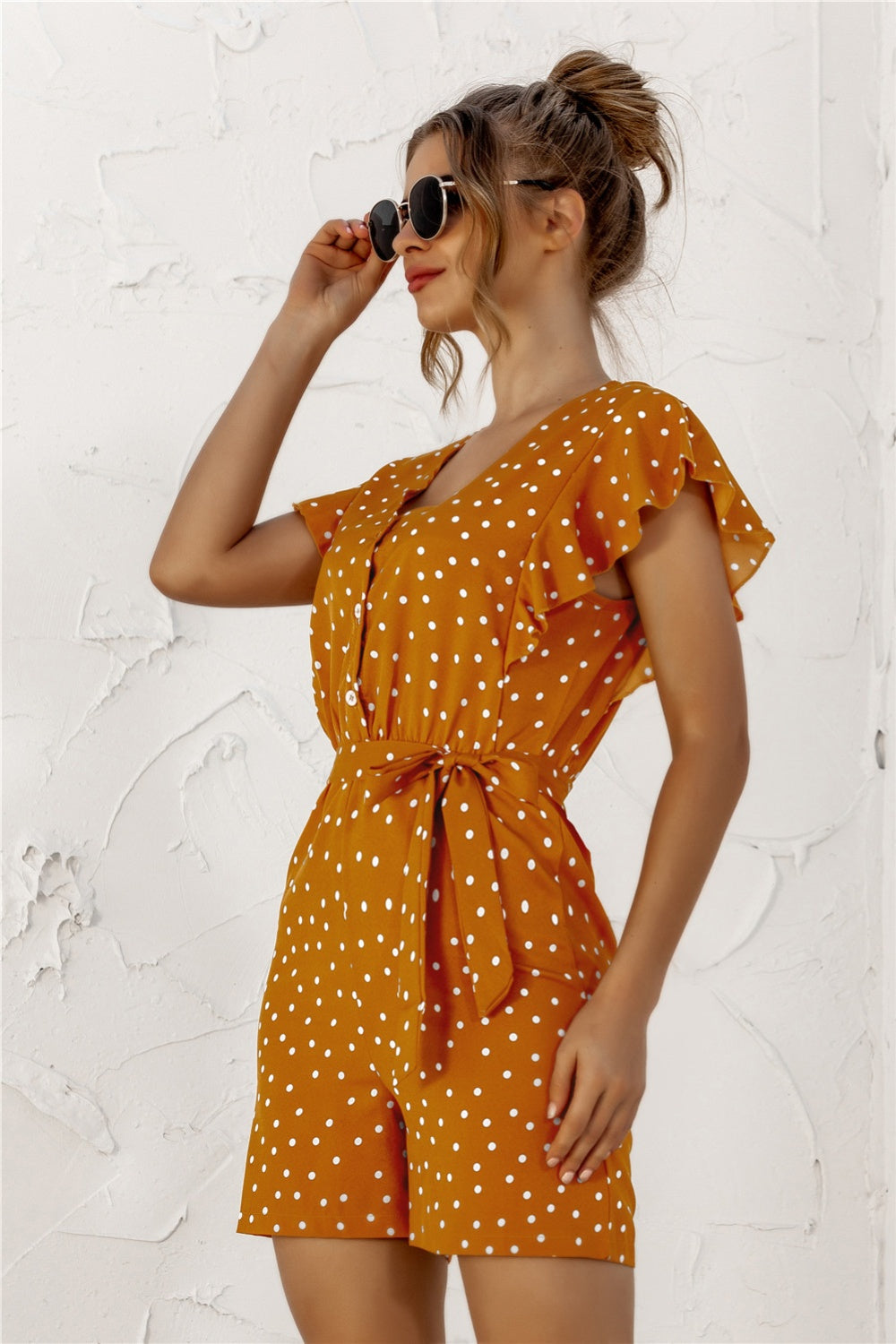 Sunset and Swim  Ruffled Polka Dot Half Button Romper  Sunset and Swim   