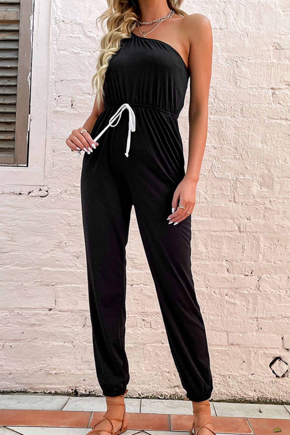 Sunset and Swim One-Shoulder Drawstring Waist Jogger Jumpsuit Sunset and Swim Black S 