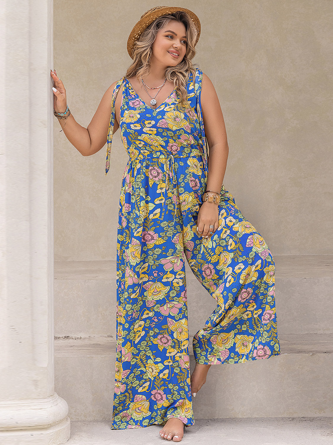 Plus Size Printed V-Neck Wide Leg Jumpsuit Sunset and Swim   