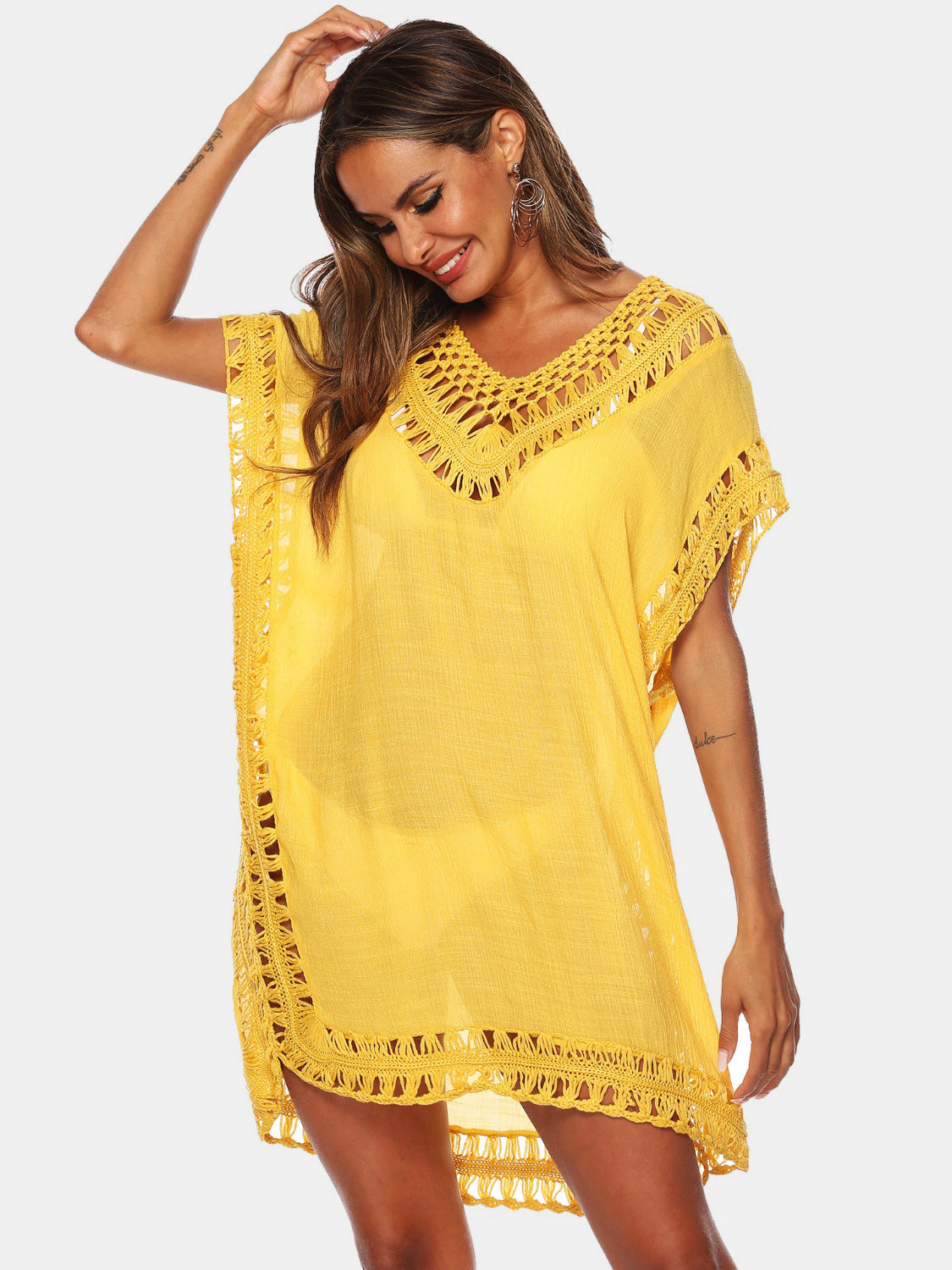 Sunset Vacation  Cutout V-Neck Short Sleeve Cover-Up  Sunset and Swim True Yellow One Size 