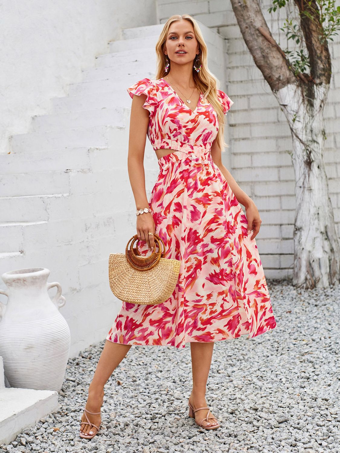 Sunset Vacation Cutout Slit Printed Cap Sleeve Dress Sunset and Swim Strawberry S 