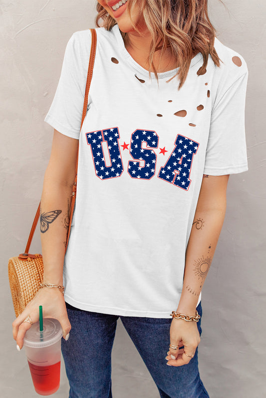 USA Round Neck Short Sleeve T-Shirt  Sunset and Swim White S 