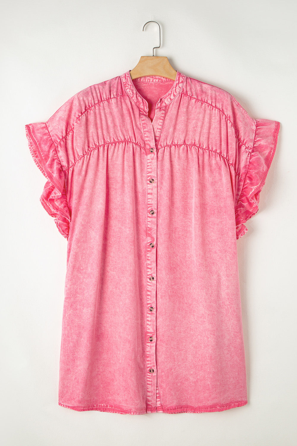 Ruffled Notched Cap Sleeve Denim Dress Sunset and Swim Pink S 