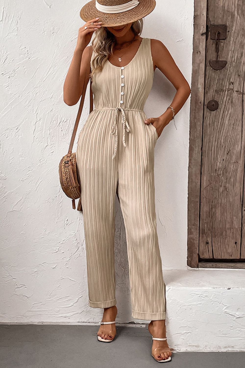 Textured Sleeveless Jumpsuit with Pockets Sunset and Swim   