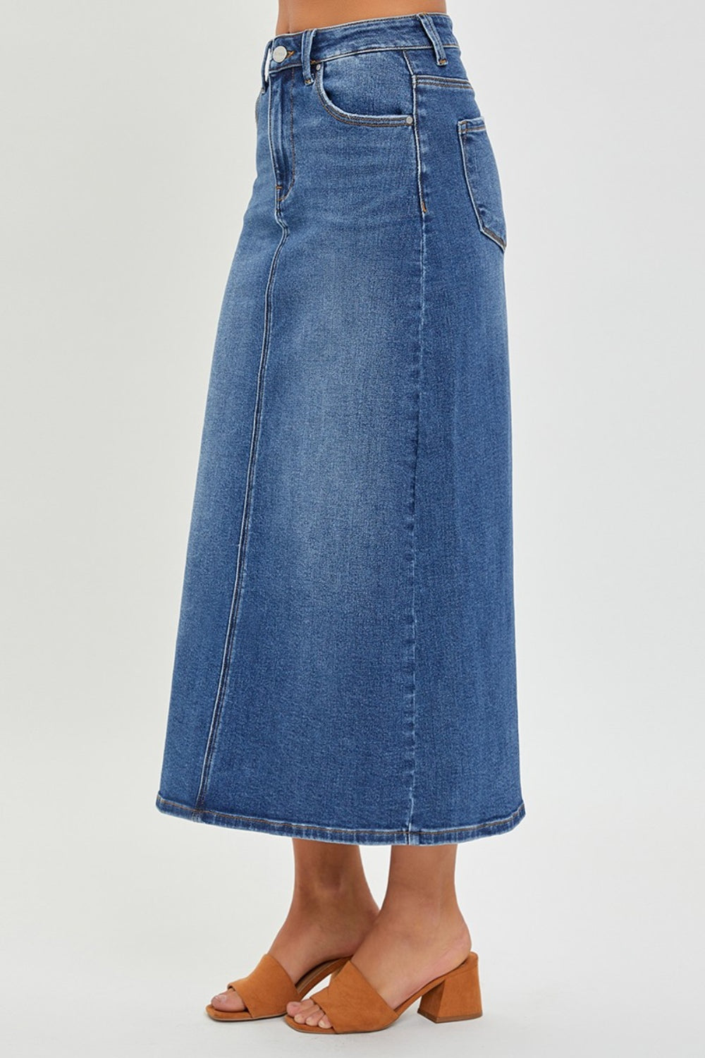 RISEN High Rise Back Slit Denim Skirt  Sunset and Swim   