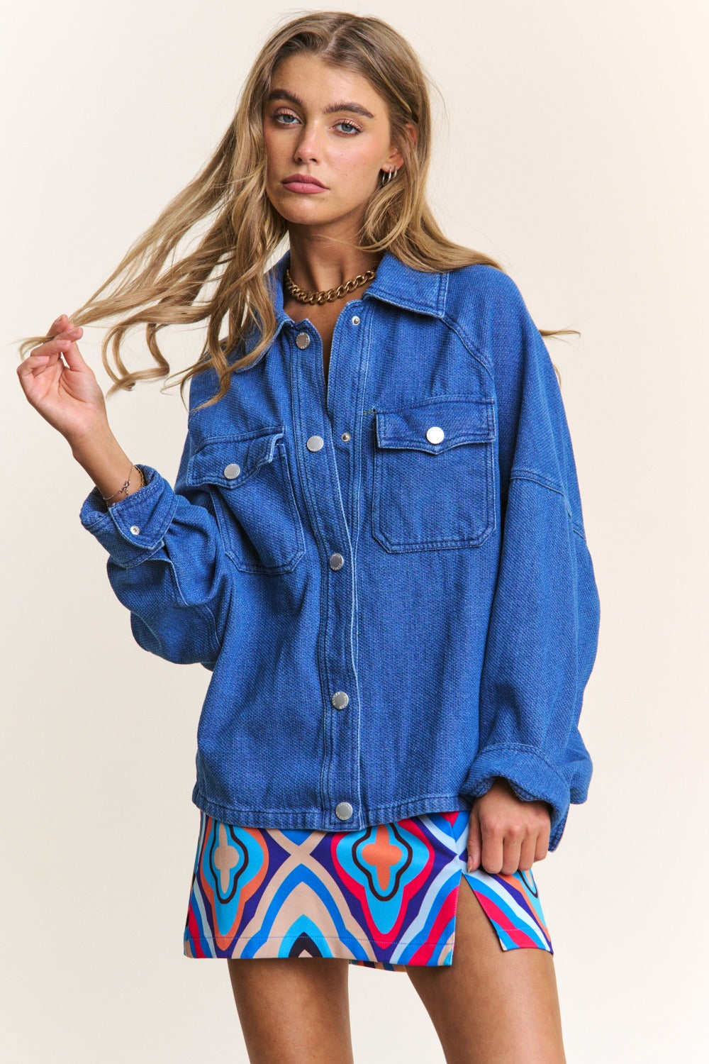 Sunset Vacation J.NNA Snap Down Long Sleeve Denim Shacket Sunset and Swim Dark Denim S 