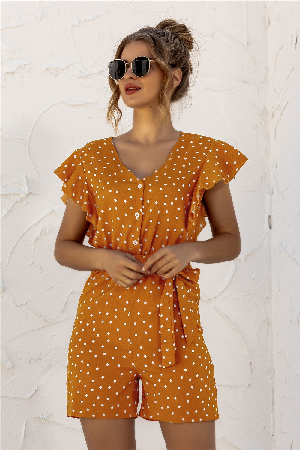 Sunset and Swim  Ruffled Polka Dot Half Button Romper  Sunset and Swim   