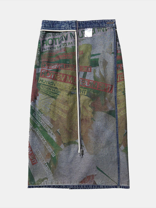 Reversible Slit Printed Midi Denim Skirt  Sunset and Swim Medium S 