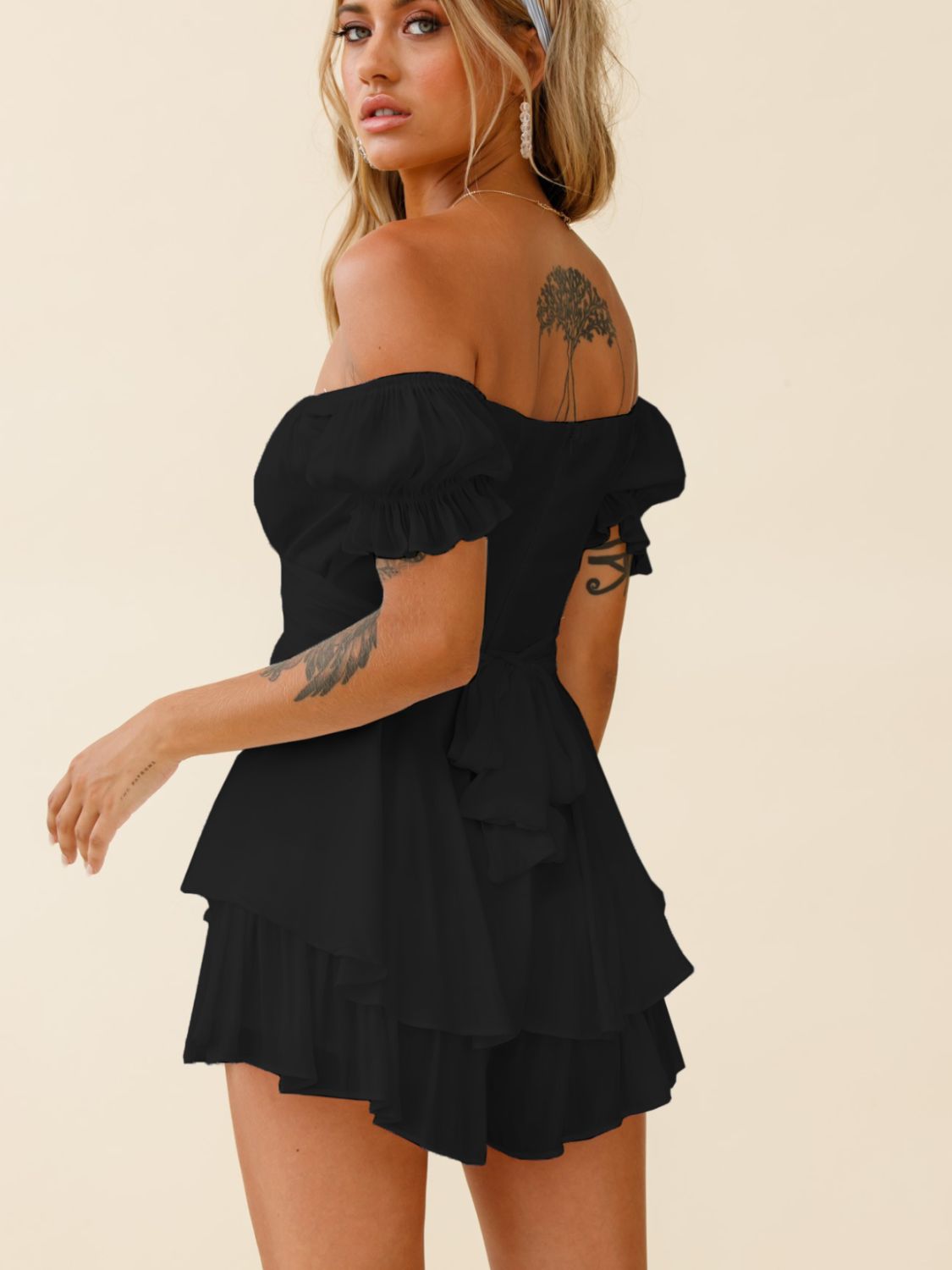 Off Shoulder Flounce Sleeve Romper Sunset and Swim   