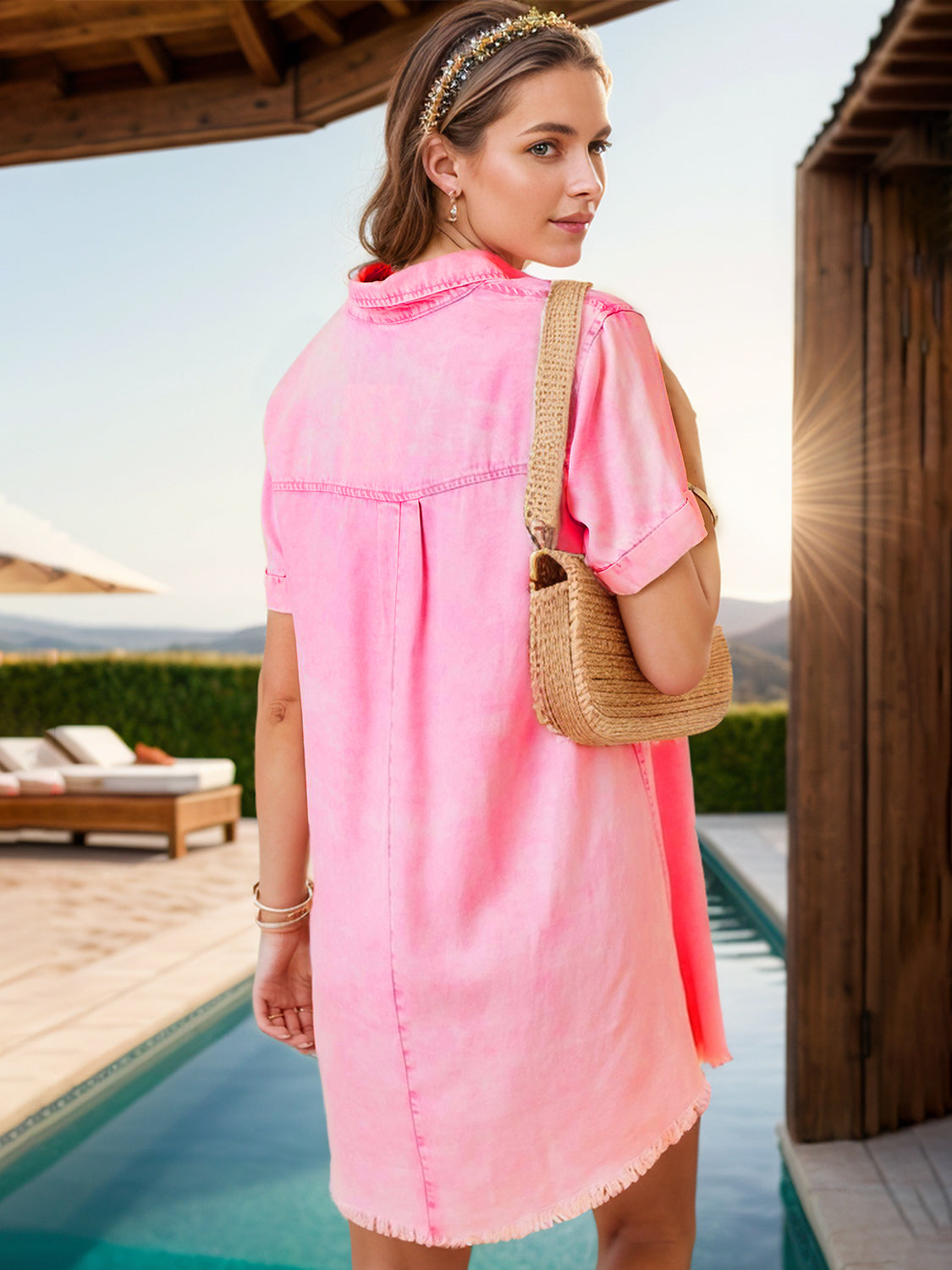 Sunset Vacation Pocketed Collared Neck Short Sleeve Denim Dress Sunset and Swim Blush Pink S 