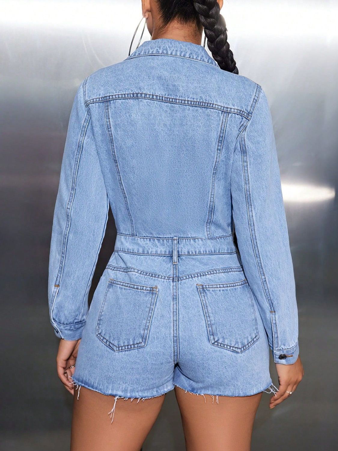 Buttoned Collared Neck Long Sleeve Denim Romper Sunset and Swim   