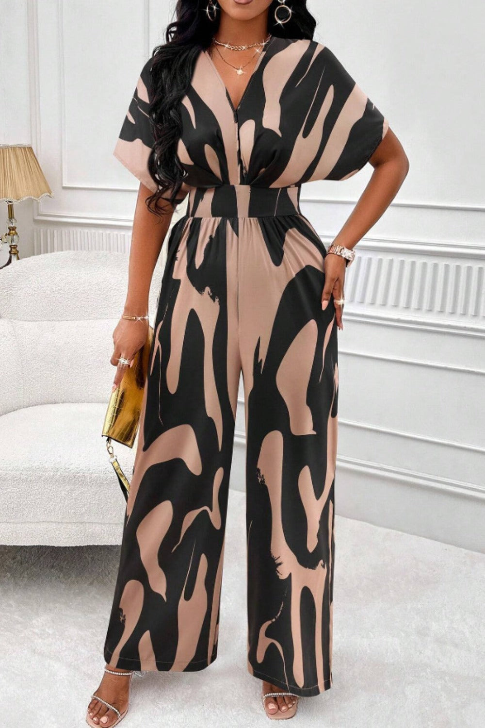 Printed V-Neck Short Sleeve Wide Leg Jumpsuit Sunset and Swim   