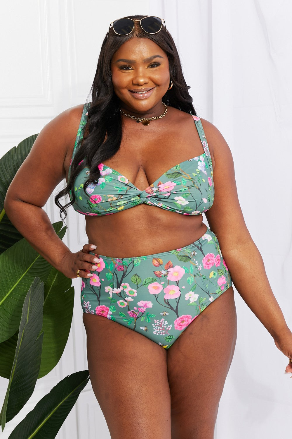 Marina West Swim Take A Dip Twist High-Rise Bikini in Sage Sunset and Swim   