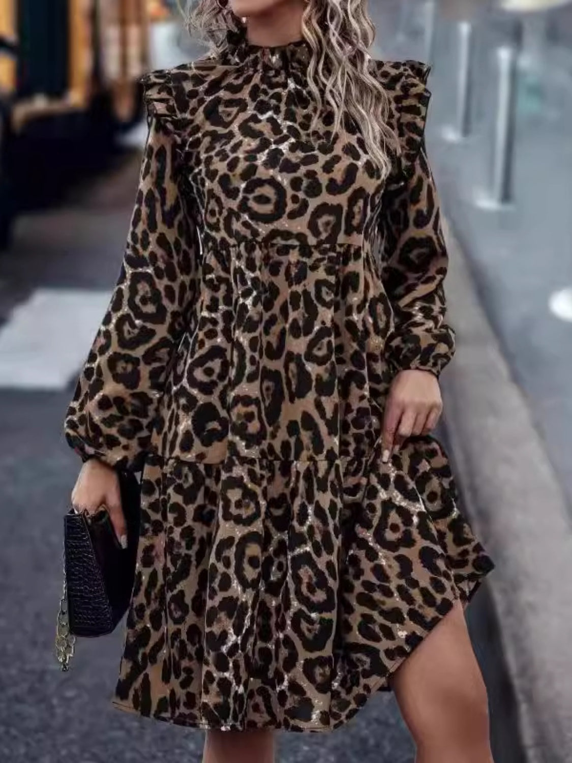 Sunset Vacation Ruffled Leopard Mock Neck Long Sleeve Mini Dress Sunset and Swim Coffee Brown S 