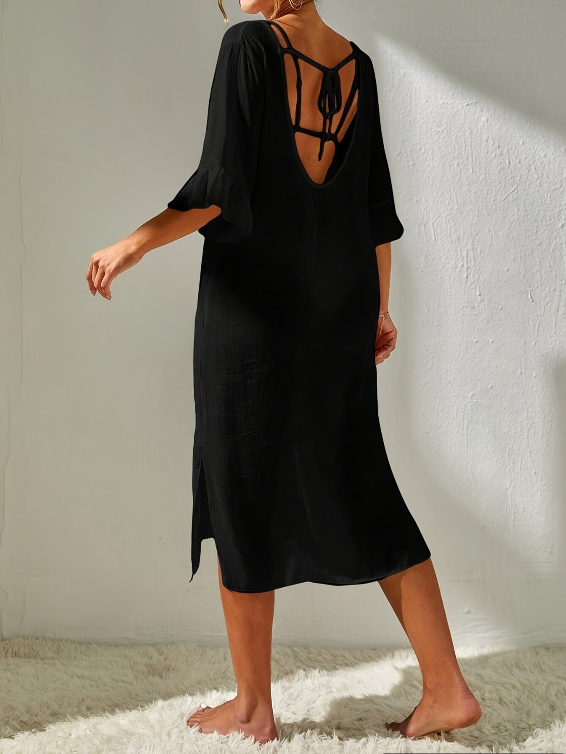 Slit V-Neck Flounce Sleeve Cover-Up Sunset and Swim   