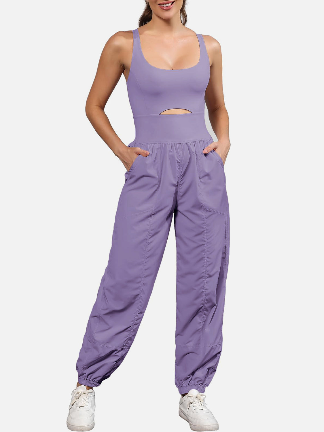 Sunset Vacation Cutout Scoop Neck Wide Strap Jumpsuit Sunset and Swim Lavender S 