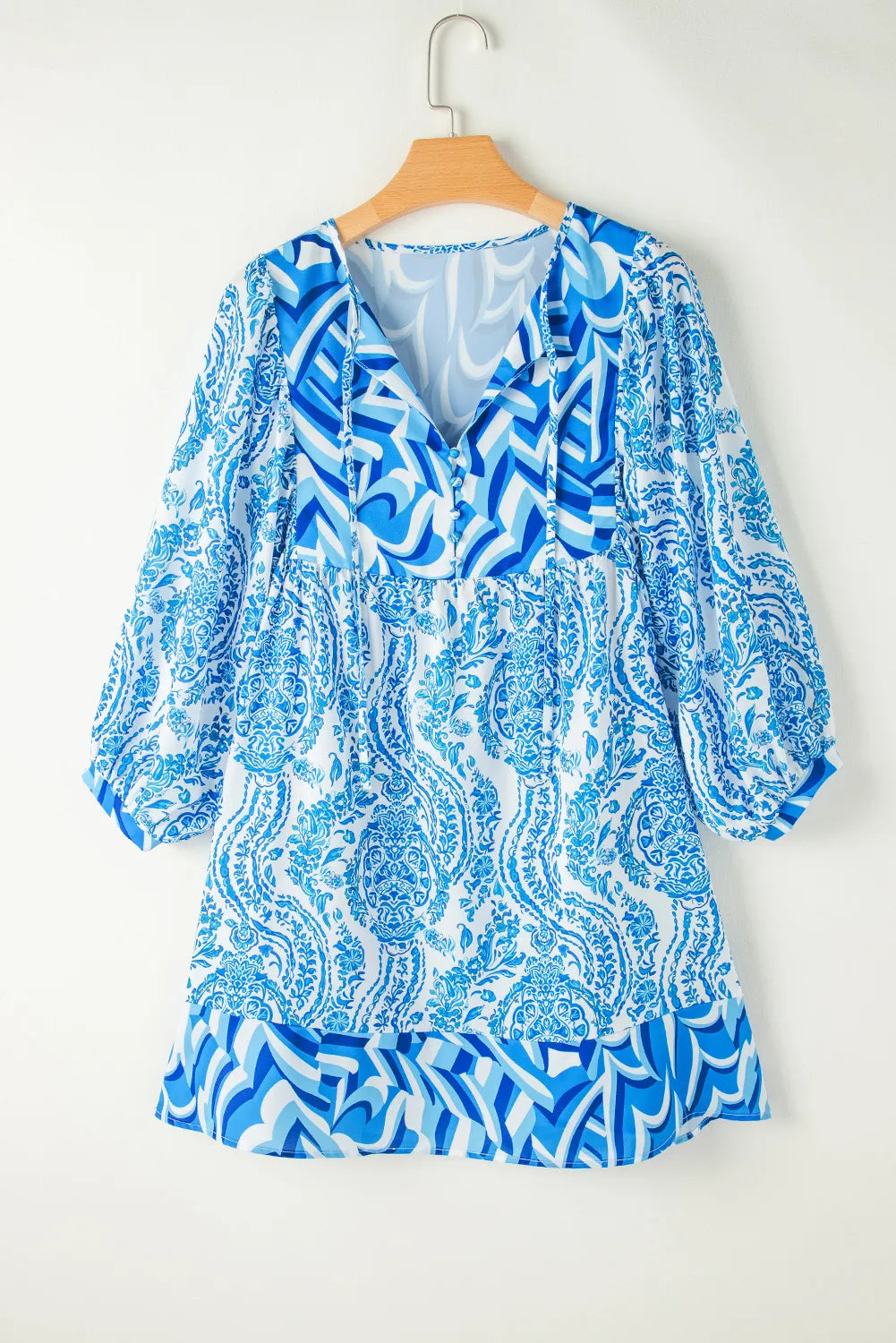 Sunset Vacation Printed Tie Neck Long Sleeve Mini Dress Sunset and Swim   