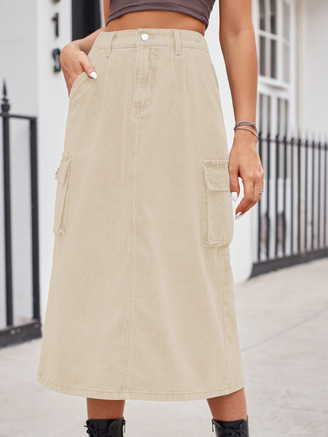 Slit Buttoned Denim Skirt with Pockets Sunset and Swim   