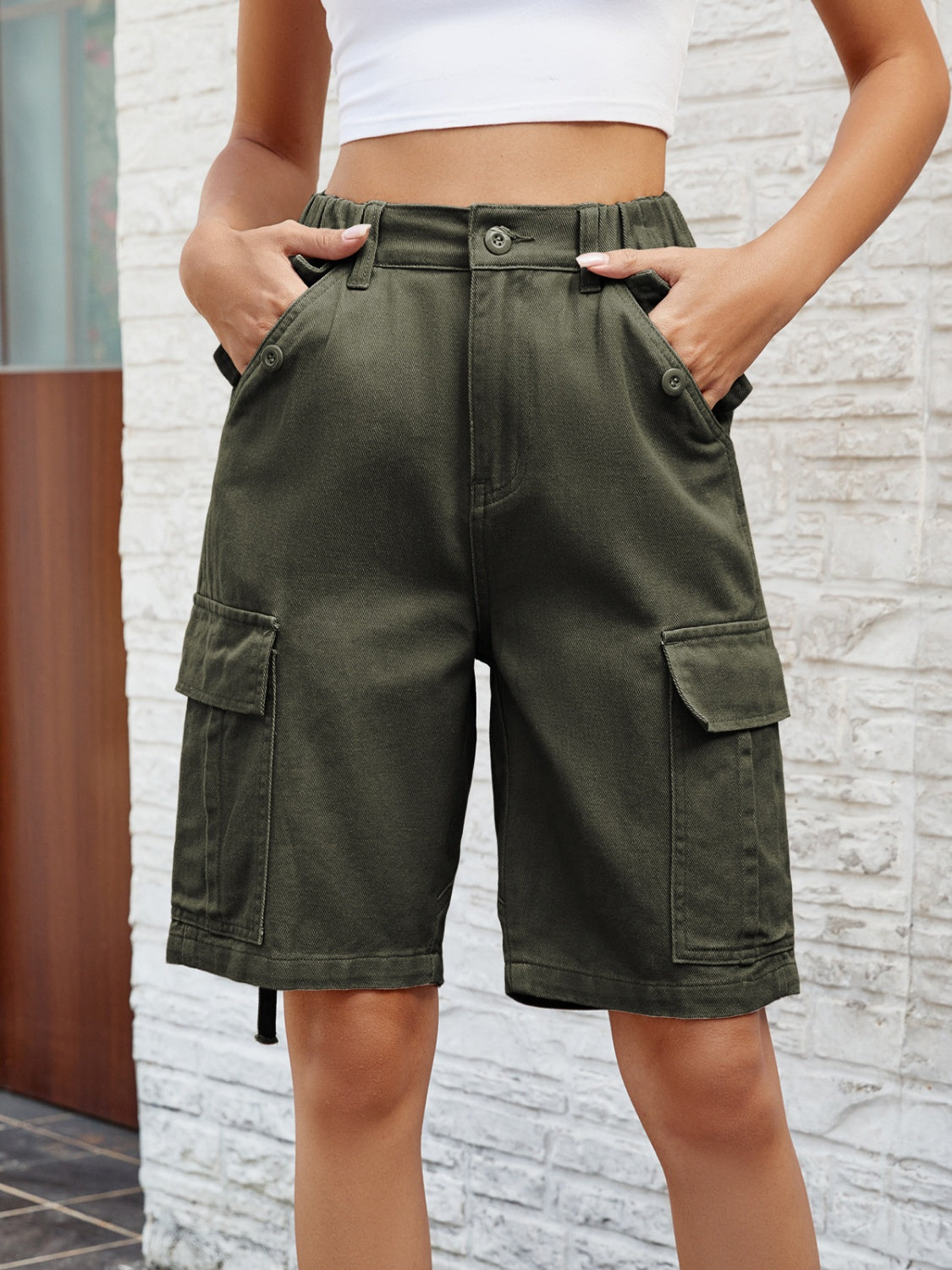 High Waist Denim Shorts with Pockets Sunset and Swim Army Green S 