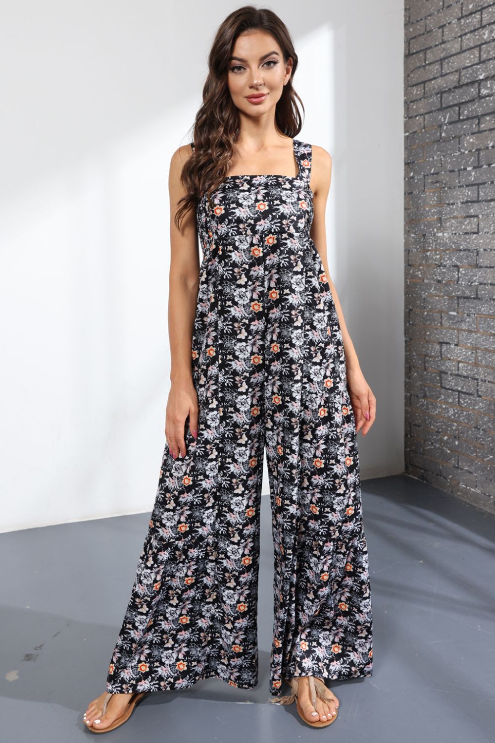 Floral Square Neck Wide Leg Jumpsuit Sunset and Swim Black S 