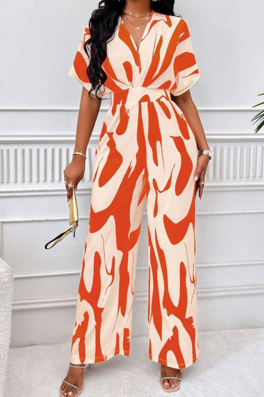 Printed V-Neck Short Sleeve Wide Leg Jumpsuit Sunset and Swim   