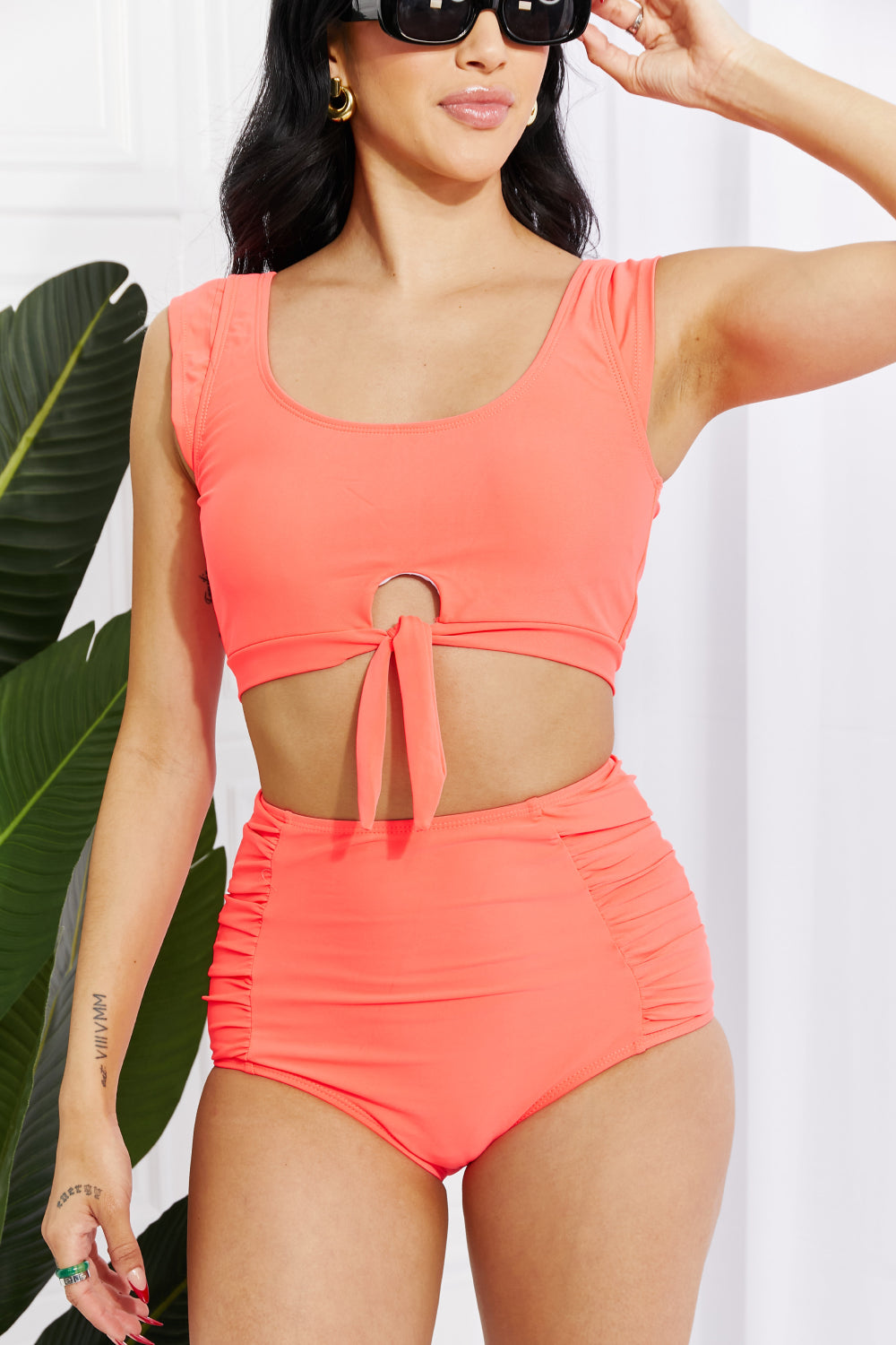 Marina West Swim Sanibel Crop Swim Top and Ruched Bottoms Set in Coral Sunset and Swim   