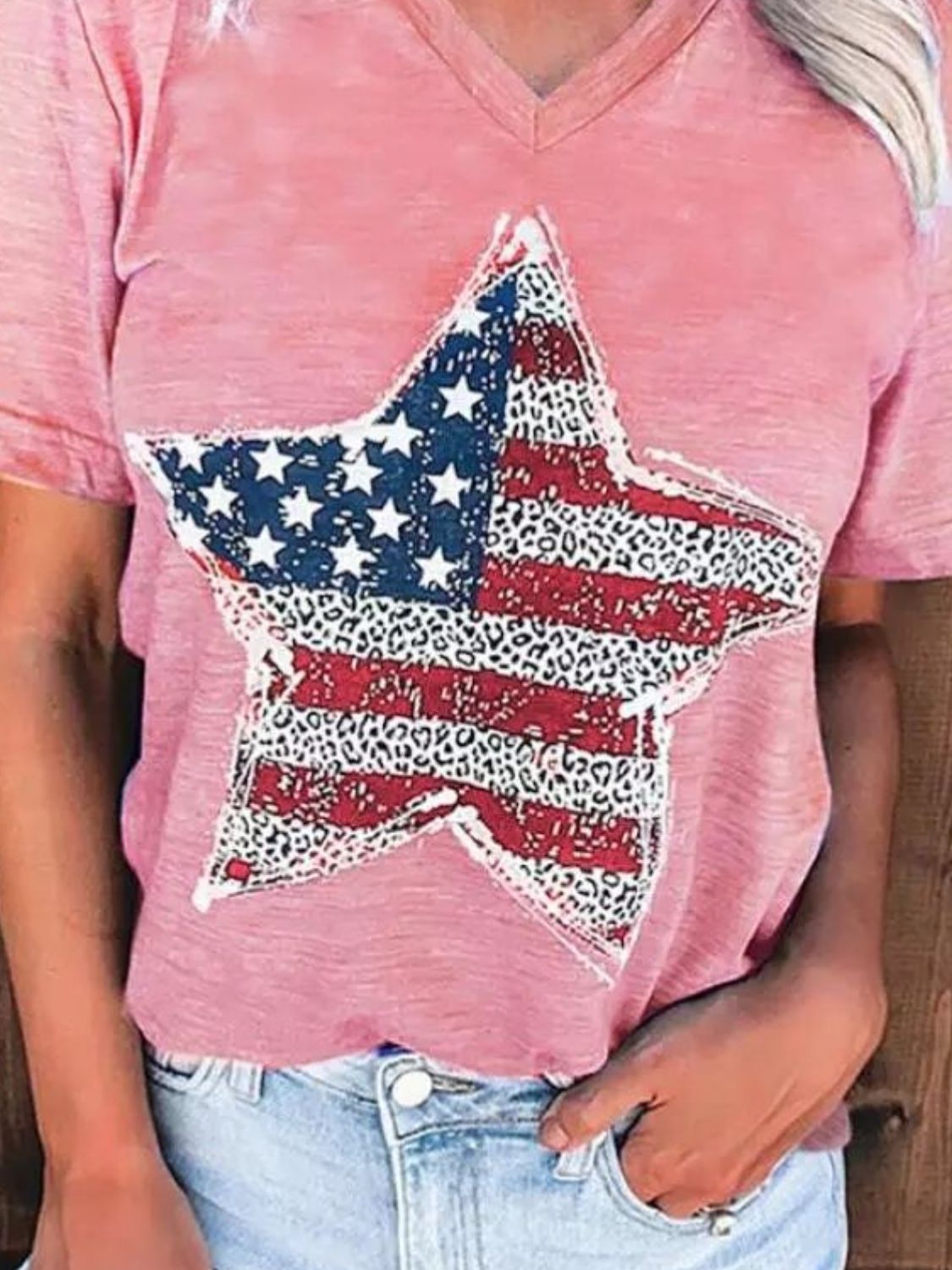 US Flag Graphic V-Neck Short Sleeve T-Shirt  Sunset and Swim   