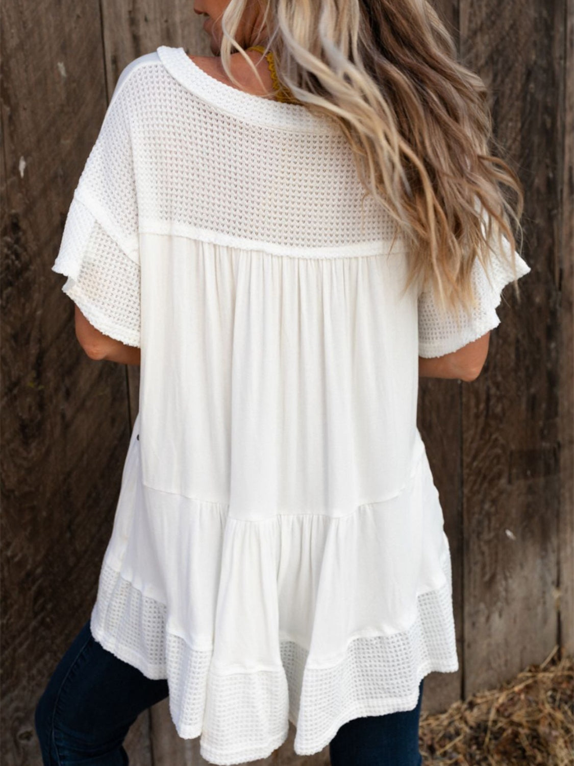 Studded V-Neck Half Sleeve Top Sunset and Swim   