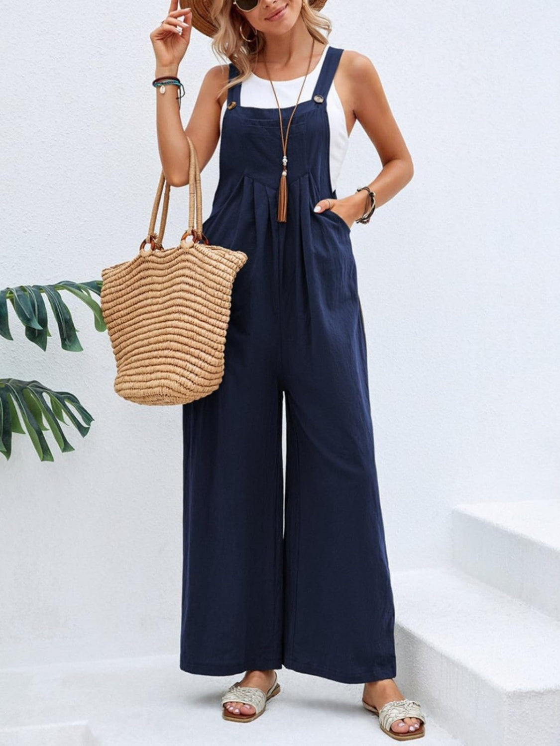 Full Size Square Neck Wide Strap Overalls Sunset and Swim Navy S 