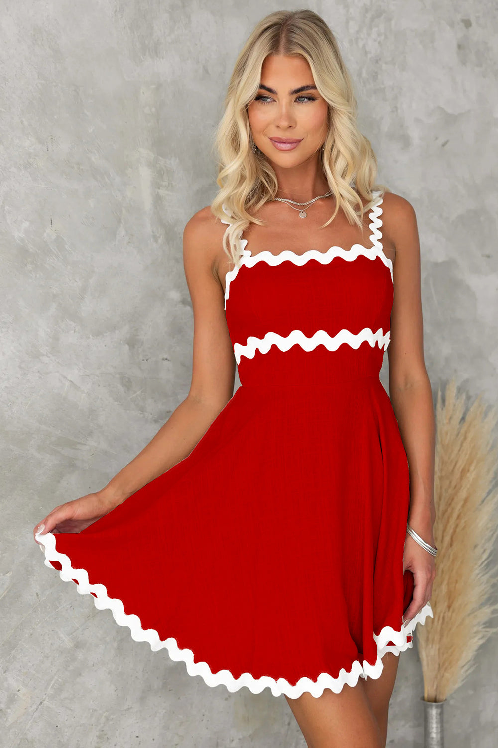 Sunset Vacation Contrast Trim Square Neck Mini Dress Sunset and Swim Deep Red S 