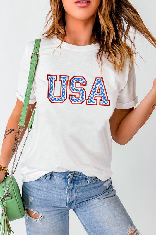 USA Graphic Embroidered Round Neck T-Shirt  Sunset and Swim White S 