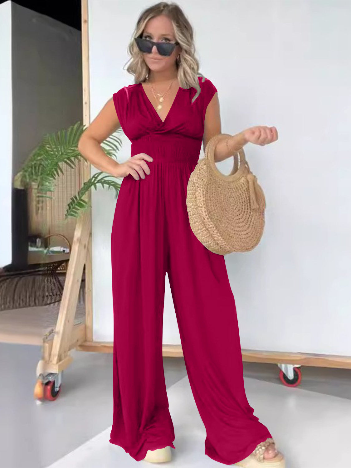 Smocked Cap Sleeve Wide Leg Jumpsuit Sunset and Swim   