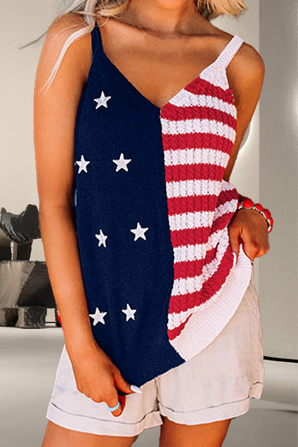 US Flag Theme V-Neck Knit Cami Sunset and Swim Multicolor S 