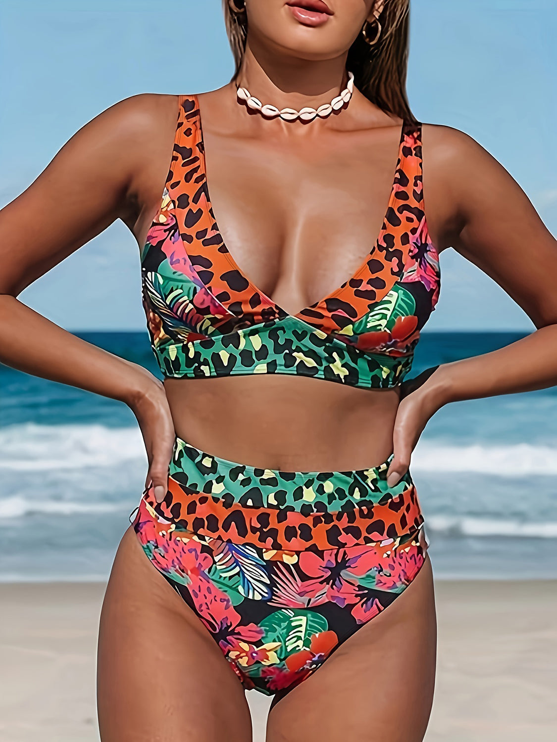Sunset Vacation Leopard Plunge Wide Strap Two-Piece Swim Set Sunset and Swim Multicolor S 