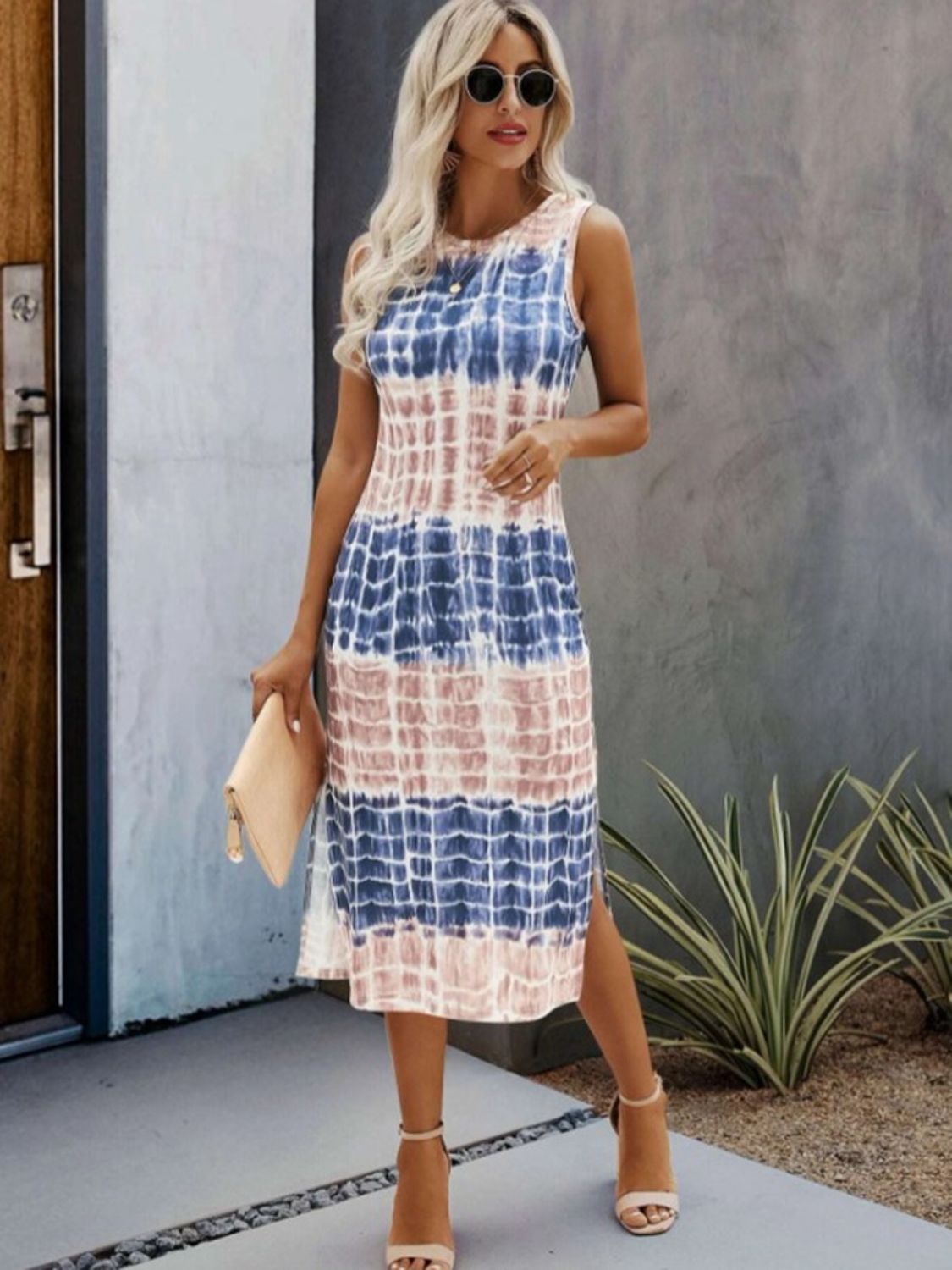 Slit Printed Round Neck Sleeveless Dress Sunset and Swim   